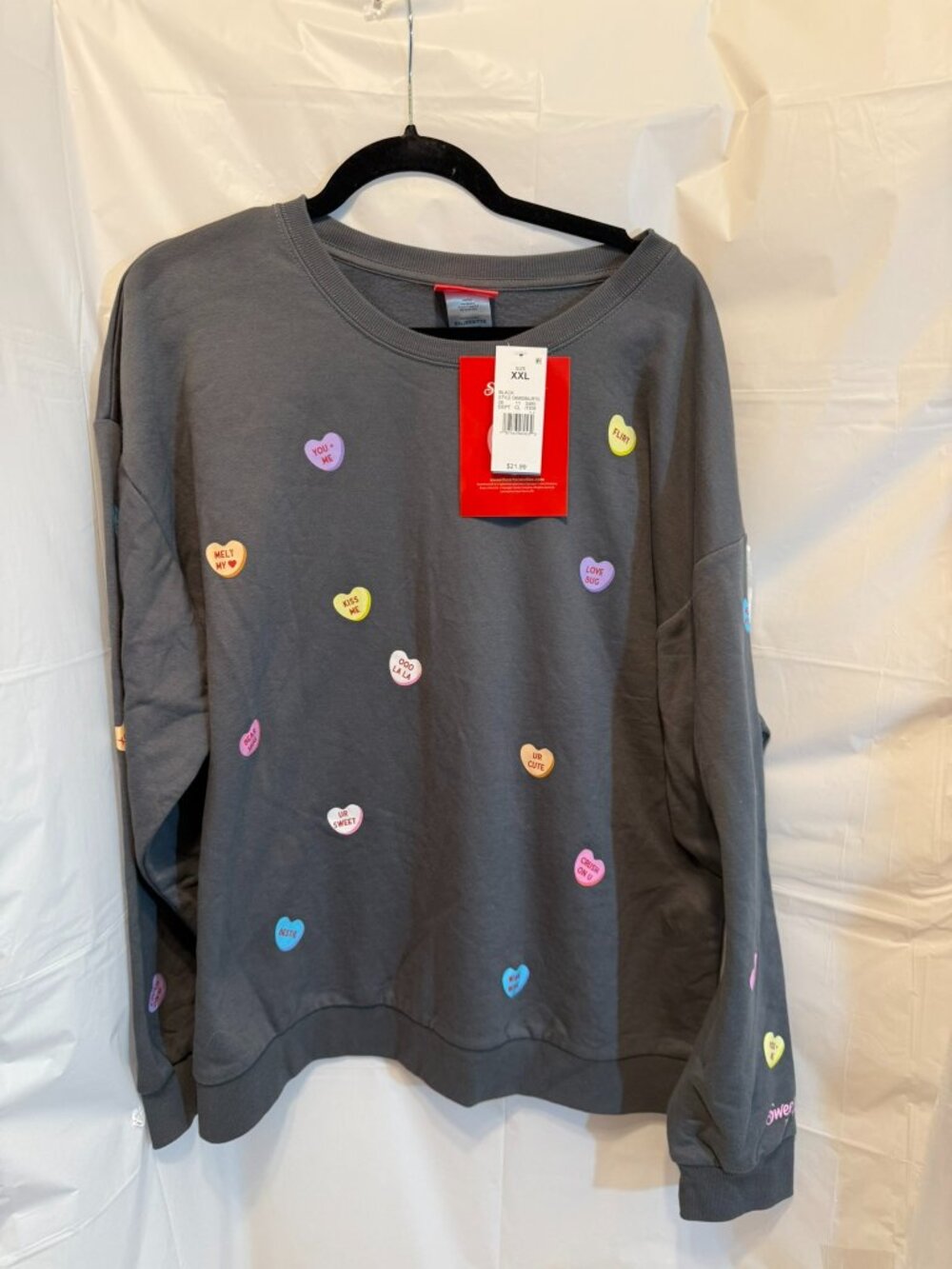 NWT Sweethearts Candies Conversation Hearts Grey Sweatshirt XXL